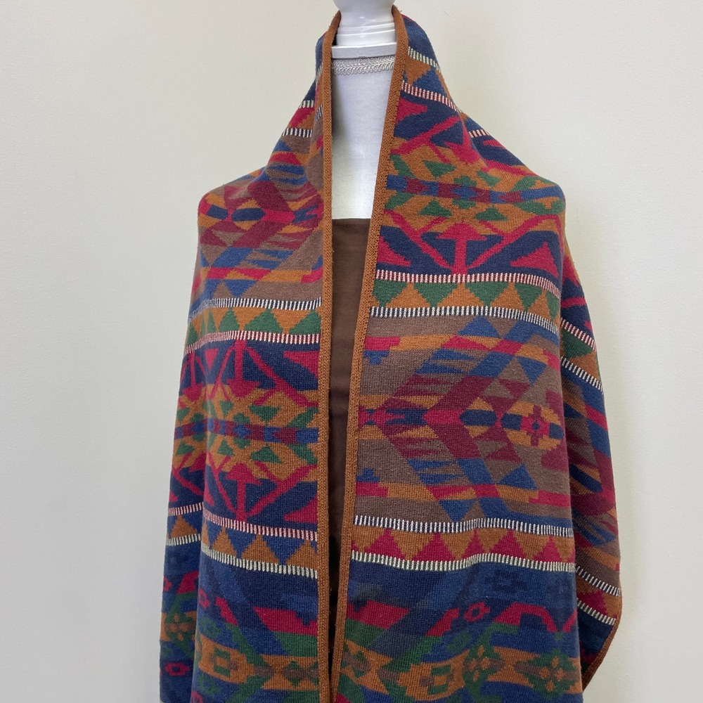 VTG JH Collectibles Southwestern Knit Shawl Wrap Scarf Fringe Trim Geometric - Picture 2 of 14